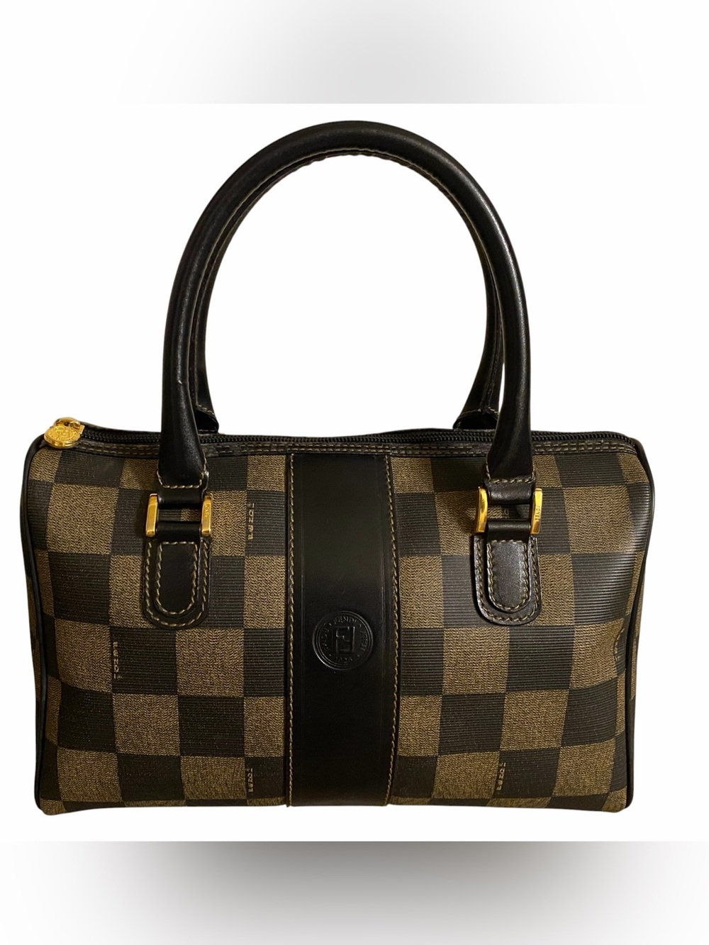 Authentic Vintage Fendi Pequin Mini Boston Bag Y2K Brown Checkered